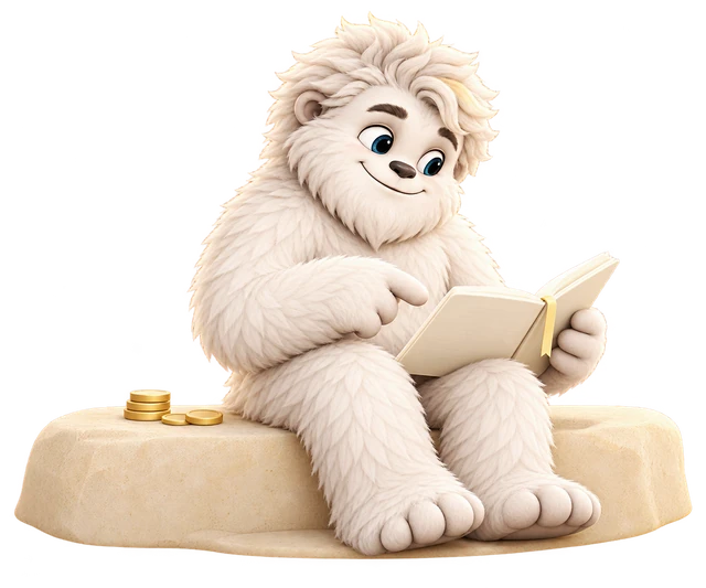 Mitey looks down to the right while reading a notebook